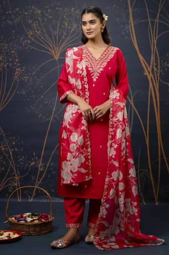 Pink embroidered viscose rayon   kurta sets