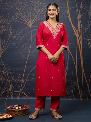 Pink embroidered viscose rayon   kurta sets 3