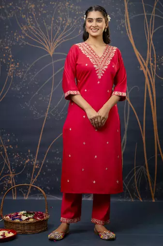 Pink embroidered viscose rayon   kurta sets