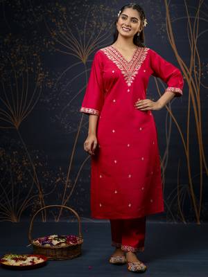 Pink embroidered viscose rayon   kurta sets 4