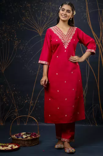 Pink embroidered viscose rayon   kurta sets
