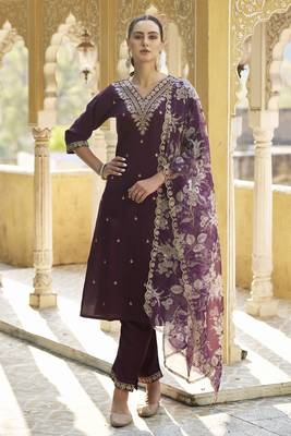 Purple embroidered viscose rayon   kurta sets 1