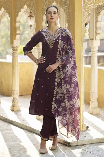 Purple embroidered viscose rayon   kurta sets