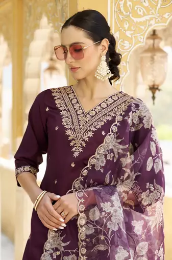 Purple embroidered viscose rayon   kurta sets