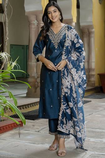 Teal embroidered viscose rayon   kurta sets