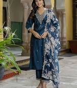 Teal embroidered viscose rayon   kurta sets