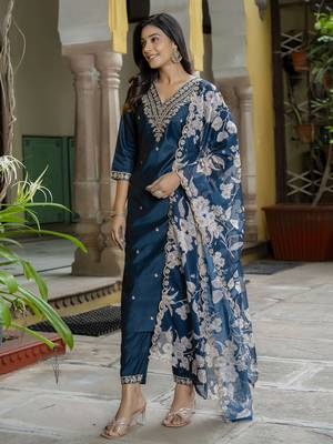 Teal embroidered viscose rayon   kurta sets 2