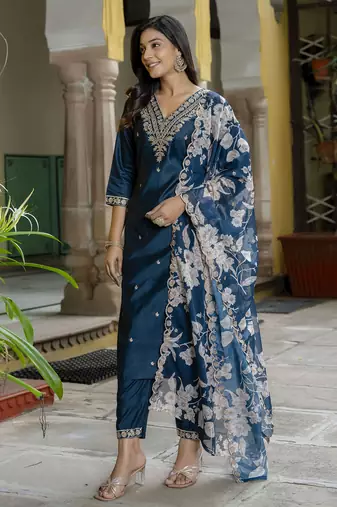 Teal embroidered viscose rayon   kurta sets