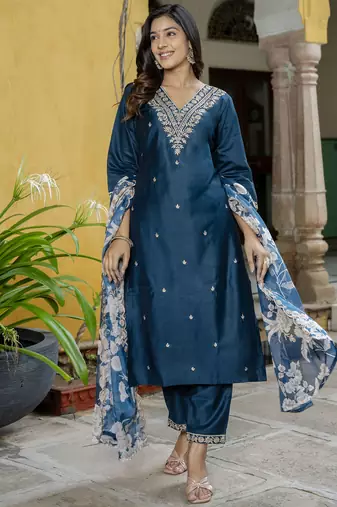 Teal embroidered viscose rayon   kurta sets