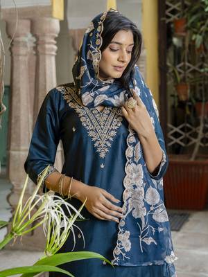 Teal embroidered viscose rayon   kurta sets 4
