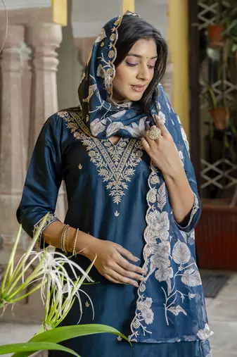 Teal embroidered viscose rayon   kurta sets
