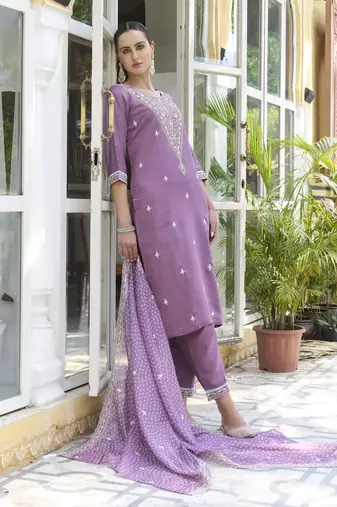 Lavender embroidered silk blend kurta sets
