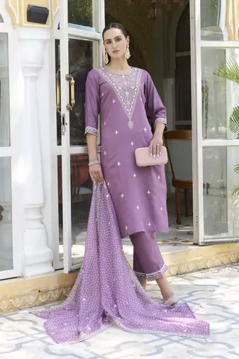 Lavender embroidered silk blend kurta sets