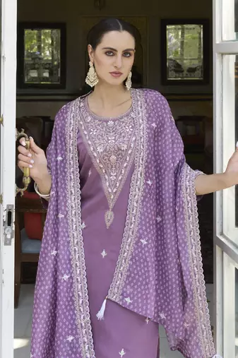Lavender embroidered silk blend kurta sets