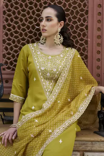 Lemon embroidered silk blend kurta sets