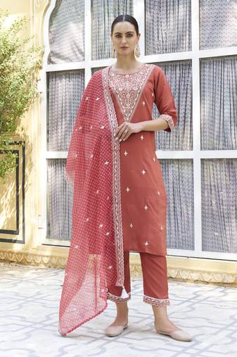 Peach embroidered silk blend kurta sets
