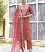 Peach embroidered silk blend kurta sets