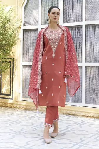 Peach embroidered silk blend kurta sets