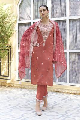 Peach embroidered silk blend kurta sets 3