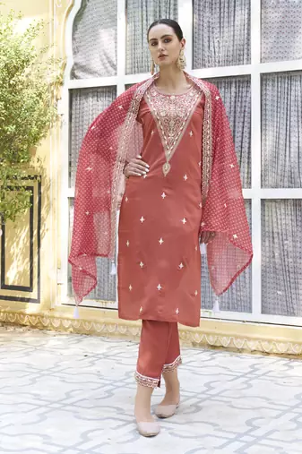 Peach embroidered silk blend kurta sets