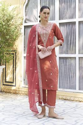 Peach embroidered silk blend kurta sets 4