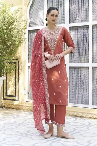 Peach embroidered silk blend kurta sets