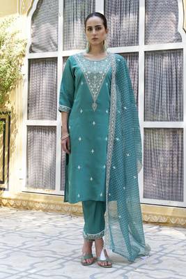 Teal embroidered silk blend kurta sets 1
