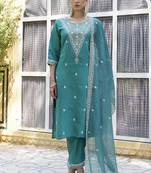 Teal embroidered silk blend kurta sets