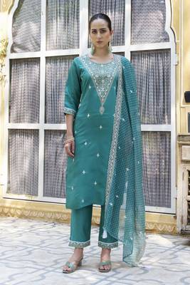 Teal embroidered silk blend kurta sets 2