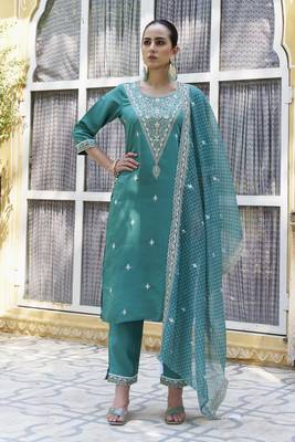 Teal embroidered silk blend kurta sets 3