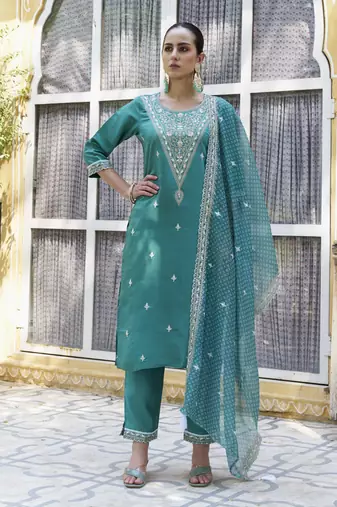 Teal embroidered silk blend kurta sets