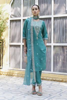 Teal embroidered silk blend kurta sets 4