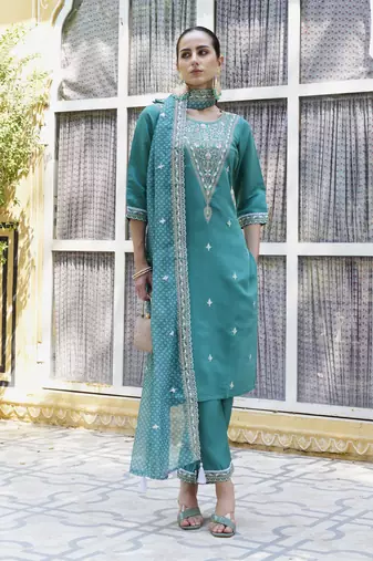 Teal embroidered silk blend kurta sets