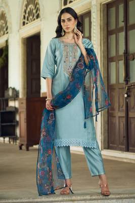 Blu embroidered viscose rayon kurta sets 1