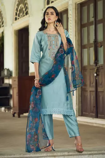 Blu embroidered viscose rayon kurta sets