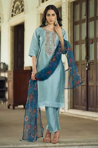 Blu embroidered viscose rayon kurta sets
