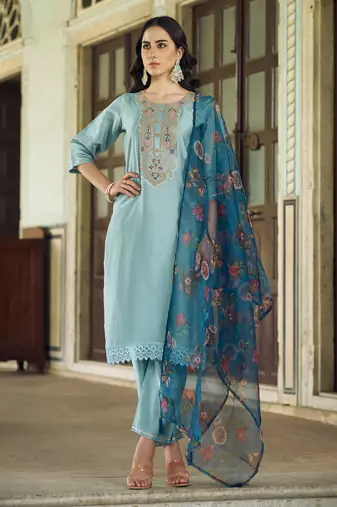 Blu embroidered viscose rayon kurta sets
