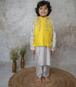 Yellow cotton hand woven traditional bandhgala set