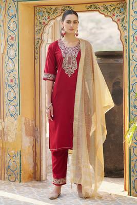 Maroon embroidered viscose rayon kurta sets 1