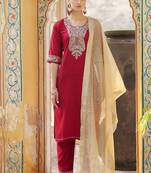 Maroon embroidered viscose rayon kurta sets