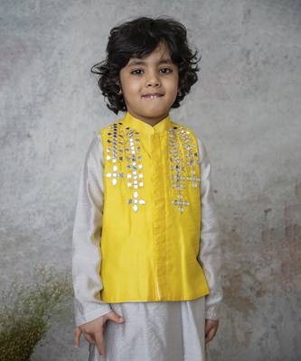 Yellow cotton hand woven traditional bandhgala set 2