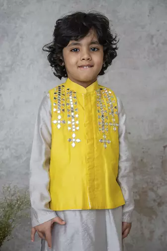 Yellow cotton hand woven traditional bandhgala set