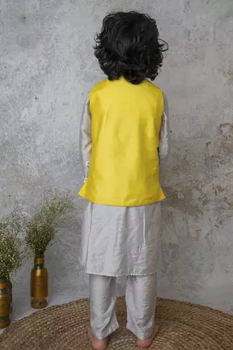 Yellow cotton hand woven traditional bandhgala set