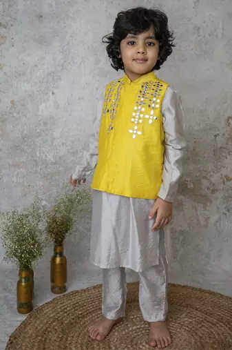 Yellow cotton hand woven traditional bandhgala set