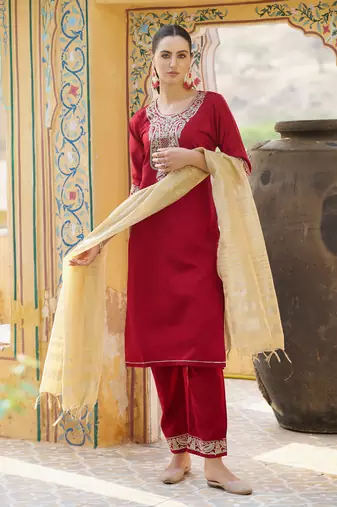Maroon embroidered viscose rayon kurta sets