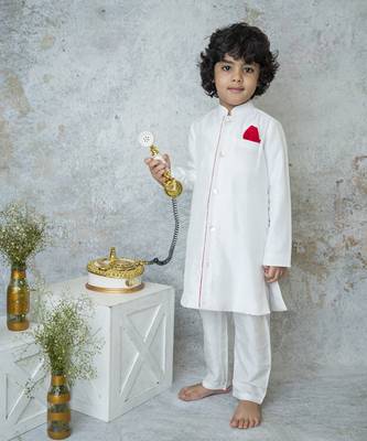 White cotton hand woven traditional sherwani with contrast detailing 1