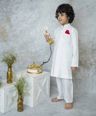 White cotton hand woven traditional sherwani with contrast detailing 2