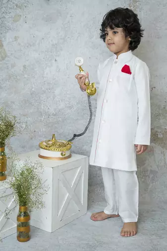 White cotton hand woven traditional sherwani with contrast detailing