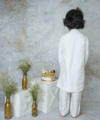 White cotton hand woven traditional sherwani with contrast detailing 3