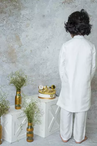 White cotton hand woven traditional sherwani with contrast detailing